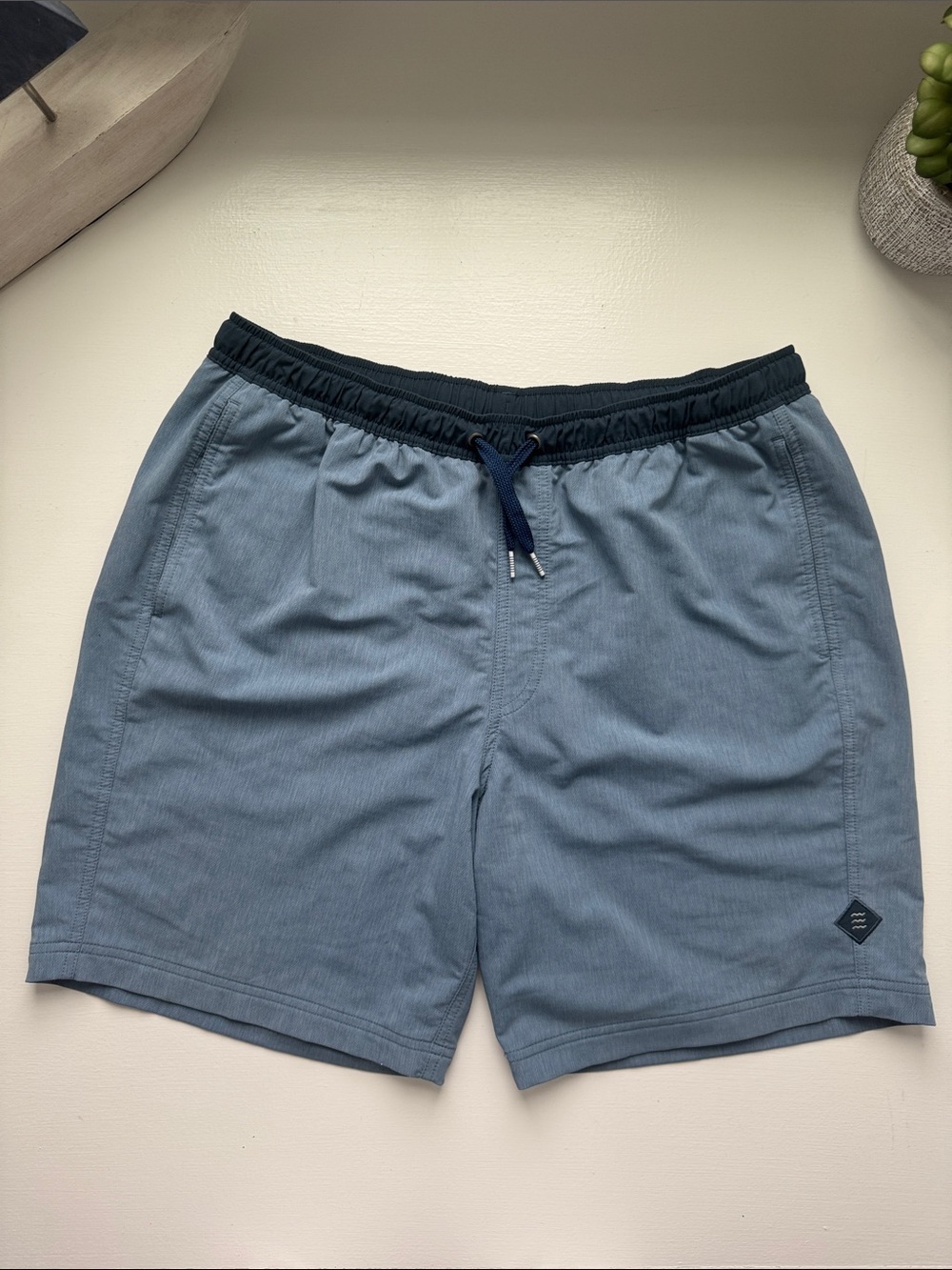 Free Fly Apparel Men's Hybrid Drawstring Shorts in Blue with Navy Waistband